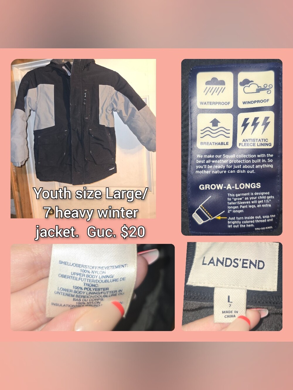 Lands' End Boys' Black & Gray Heavy Winter Jacket - Youth Large (7)